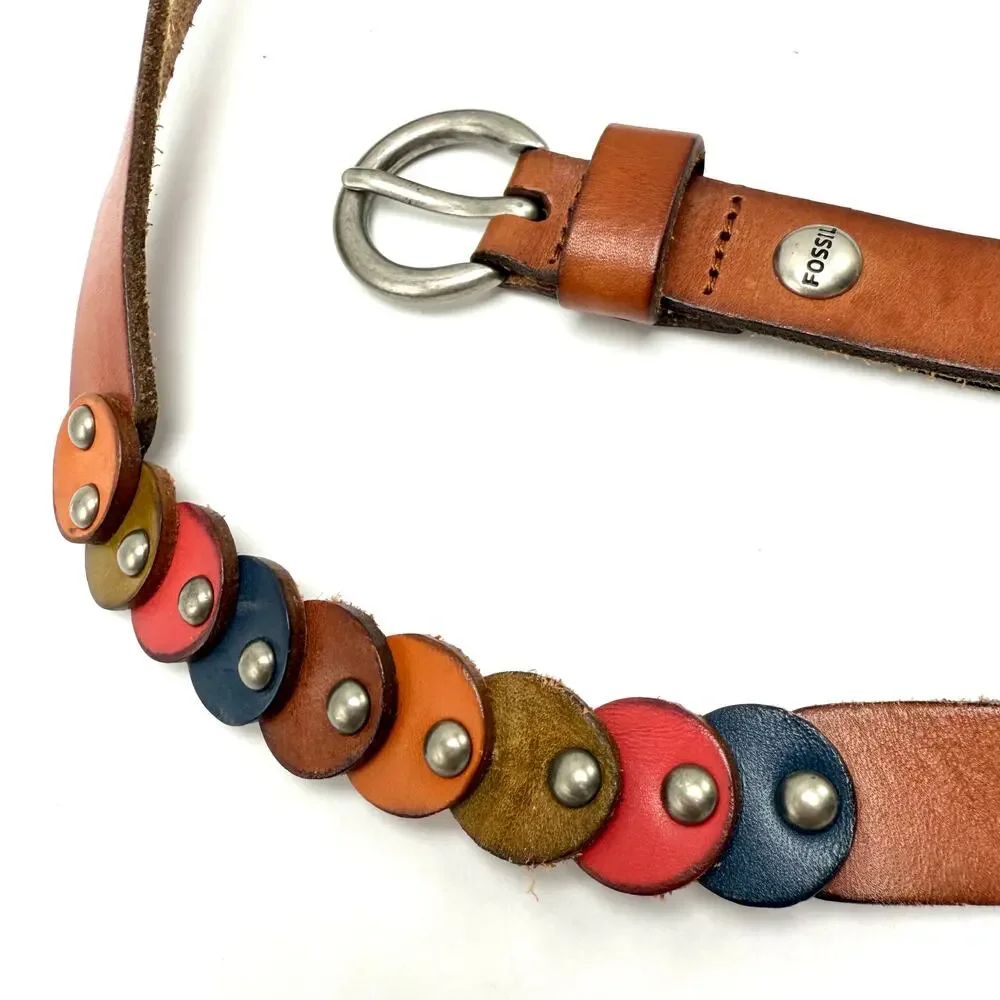 Fossil Boho Hippie Skinny Belt S 30-34 Leather Circle Dots Tan Brown Colorful